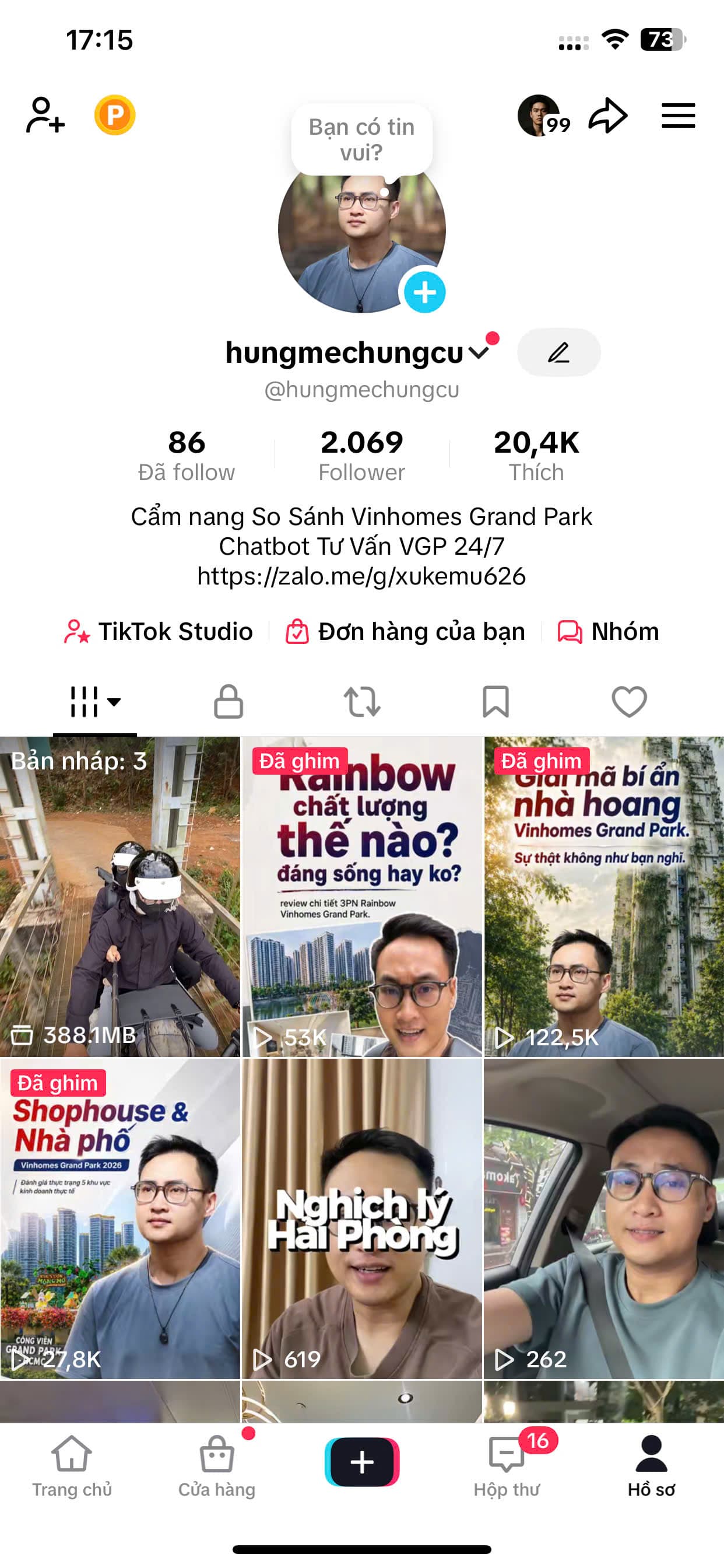 Ảnh chụp màn hình kênh TikTok @hungmechungcu — 2.069 follower, 20,4K lượt thích